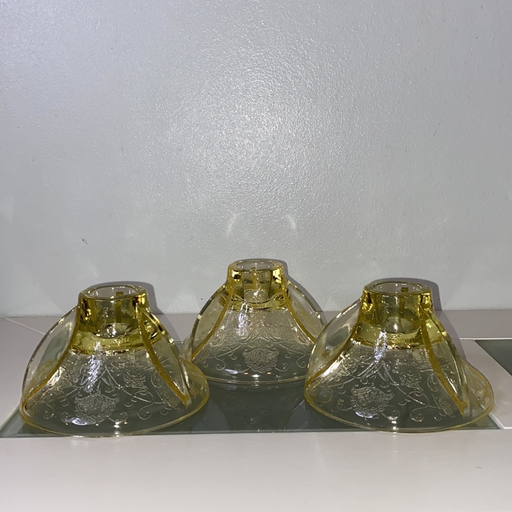 FLORENTINE #2 CANDLESTICK HOLDERS SET of 3 VINTAGE YELLOW DEPRESSION GLASS 1930S